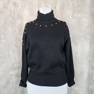 Vintage 80s Meister Womens M Black Knit Turtleneck Sweater Brass‎ Studded Detail